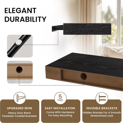 Floating Shelves for Wall, 55"W x 9.3"D x 1.5"H, Long Wooden Wall Mounted Display Shelves with