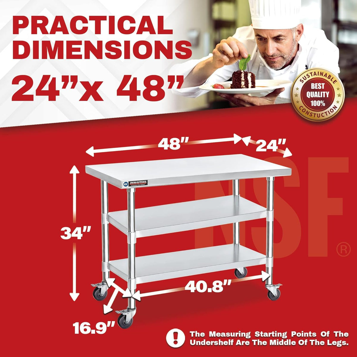 DuraSteel Stainless Steel Work Table 24" x 48" x 34" Height w/ 4 Caster Wheels - Food Prep