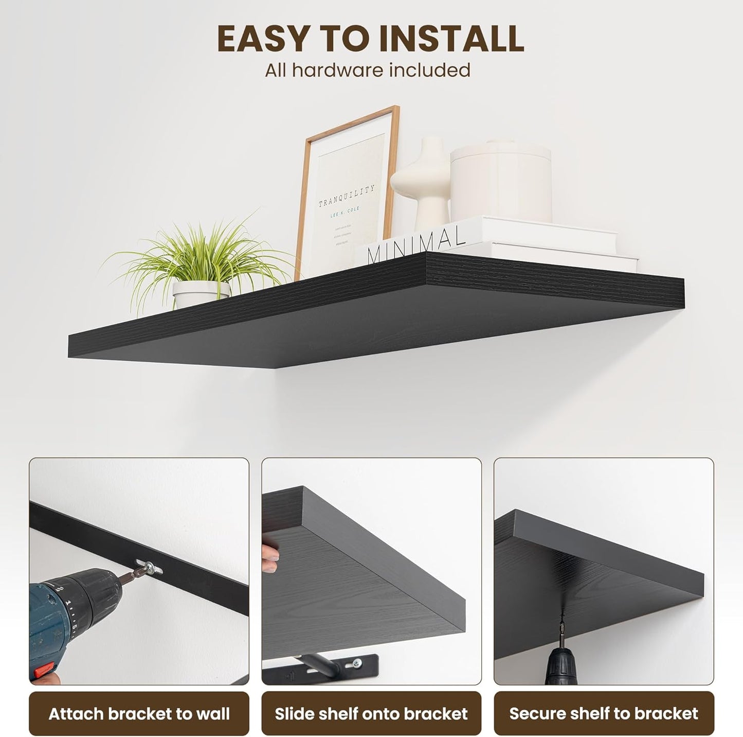 48" Floating Shelves for Wall, 12" Deep Slim Black Floating Shelves, Wall-Mounted Shelves for