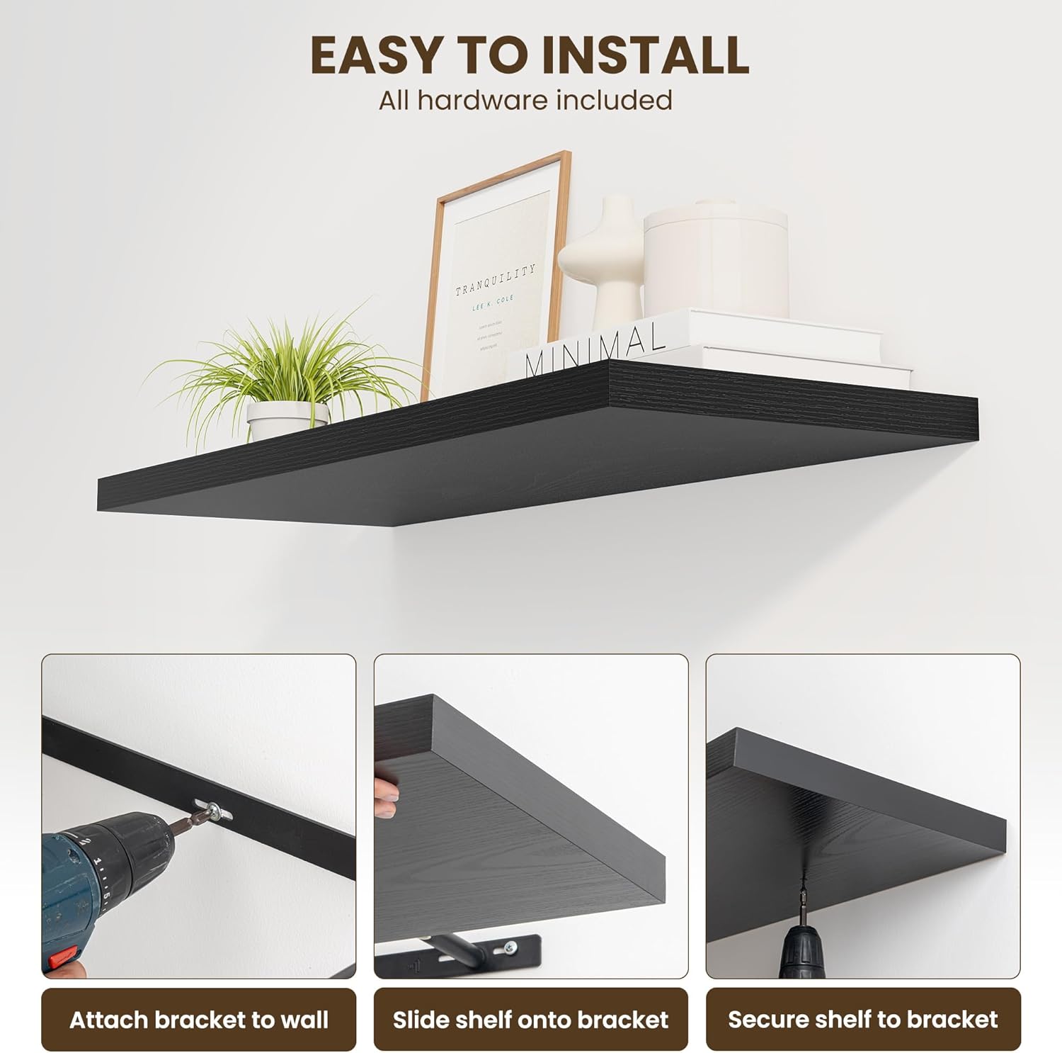 48" Floating Shelves for Wall, 12" Deep Slim Black Floating Shelves, Wall-Mounted Shelves for
