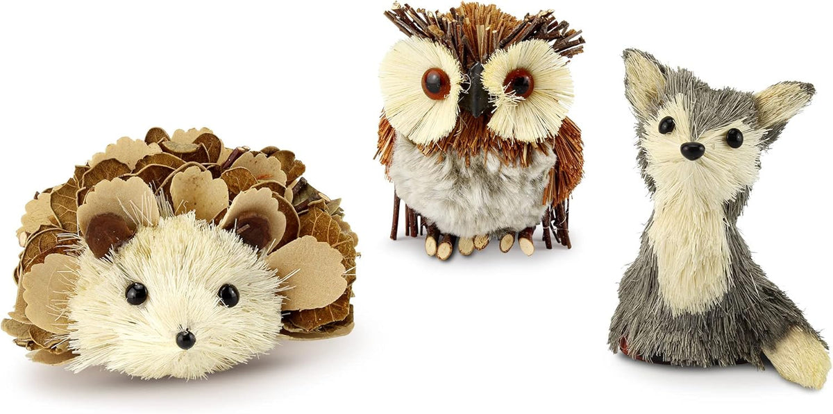 AuldHome Design Woodland Friends Figurines (Set of 3, Fox/Owl/Hedgehog); Forest Animals Decor for