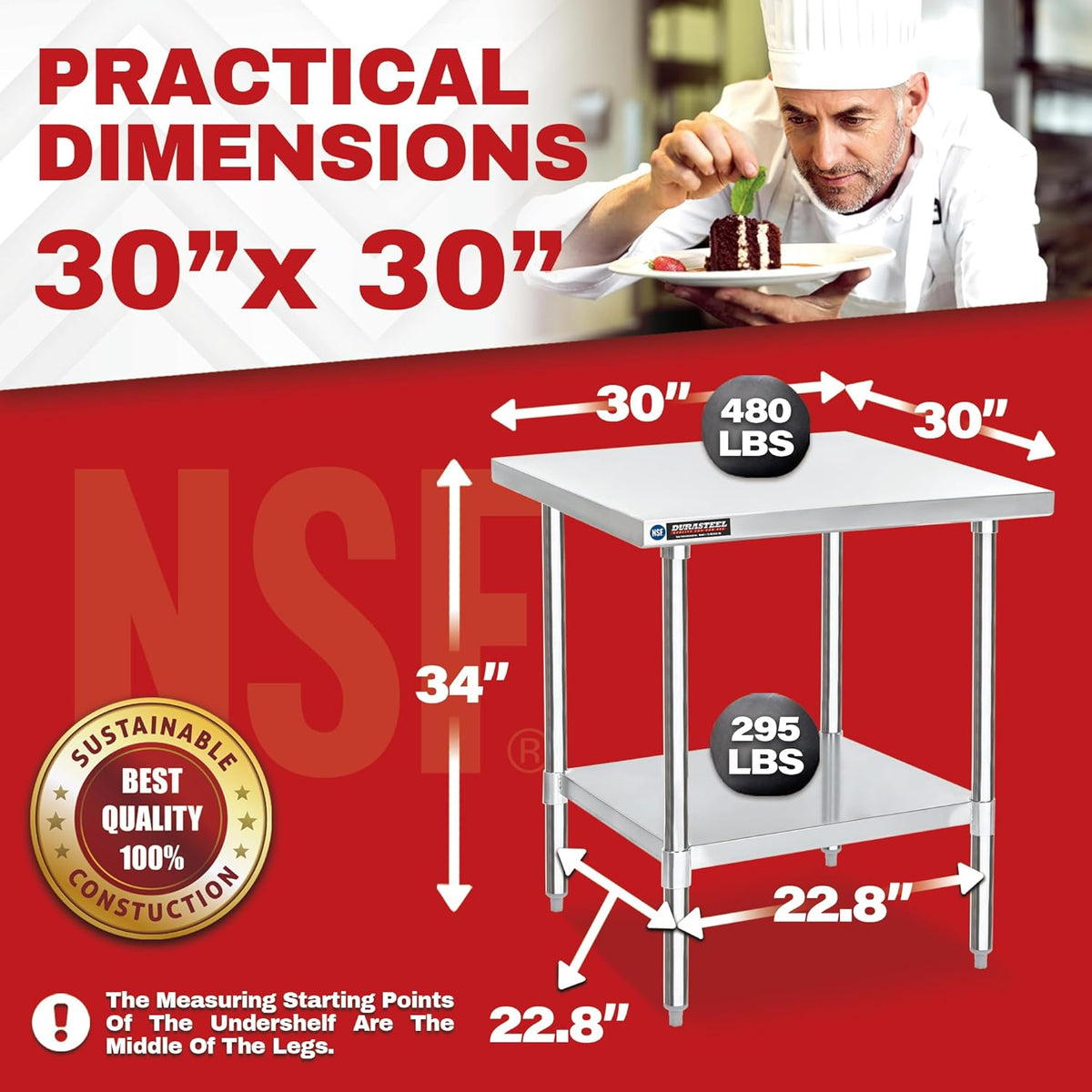 DuraSteel 30x30 Stainless Steel Work Table - NSF Commercial Prep Metal Table - Outdoor Pizza Oven