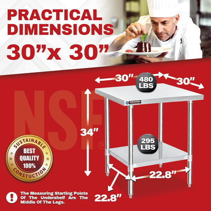 DuraSteel 30x30 Stainless Steel Work Table - NSF Commercial Prep Metal Table - Outdoor Pizza Oven