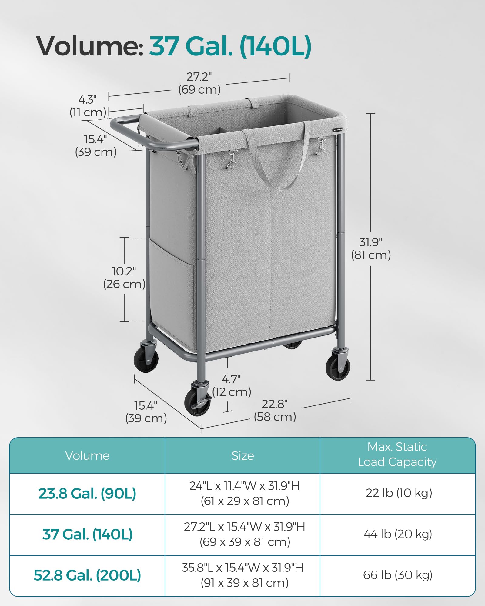 SONGMICS Laundry Basket with Wheels, 2-Section Rolling Laundry Hamper, 37 Gallons (140 L)