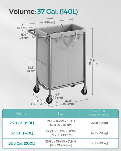 SONGMICS Laundry Basket with Wheels, 2-Section Rolling Laundry Hamper, 37 Gallons (140 L)