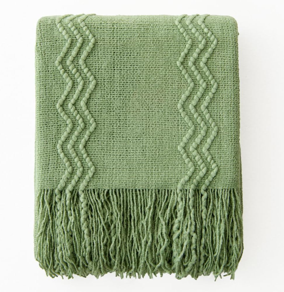 MIULEE Sage Green Knitted Throw Blanket for Couch Textured Spring Knit Blanket with Tassels Cozy