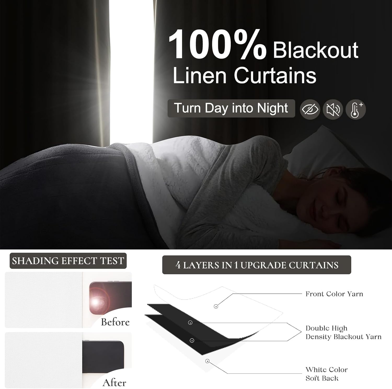Bright White Full Blackout Natural Linen 100 Inch Curtains Para Sala 2 Panels Set, Memory Shape