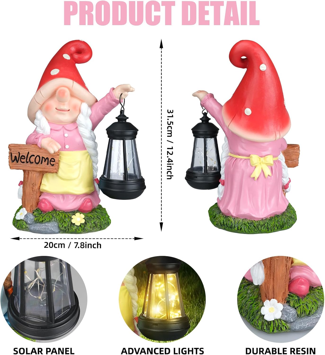 Solar Garden Gnome Statue Holding LED Lantern with Welcome Sign Outdoor Ornaments Waterproof