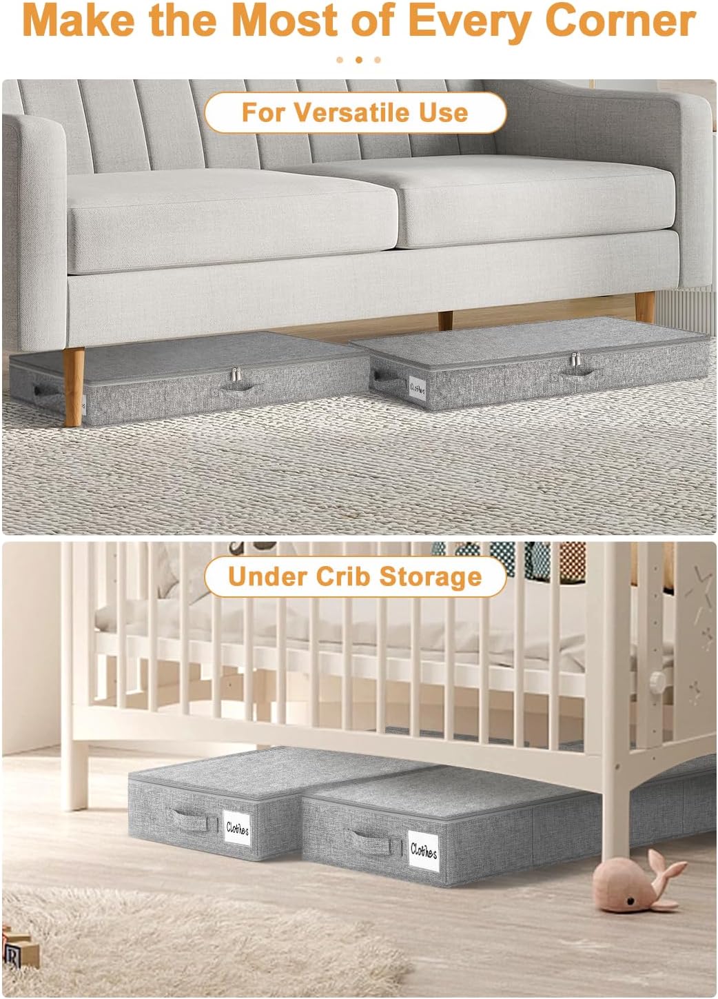 punemi Under Bed Storage Containers, 2 Pack 4.5 Inch Tall Low Profile Underbed Clothes Storage