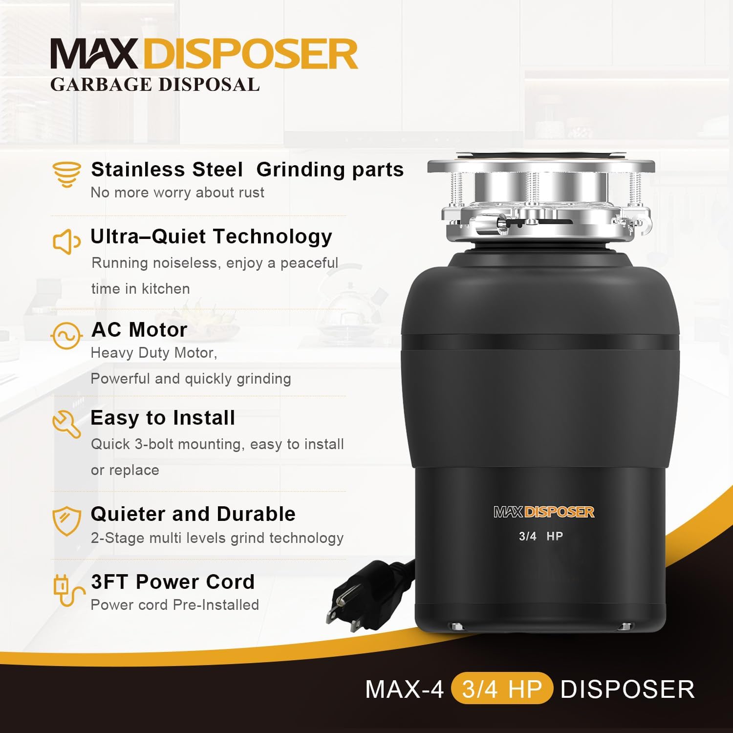 Garbage Disposal 3/4 HP for Kitchen sink Quiet with Stopper Power Cord, Easy install, Continuous