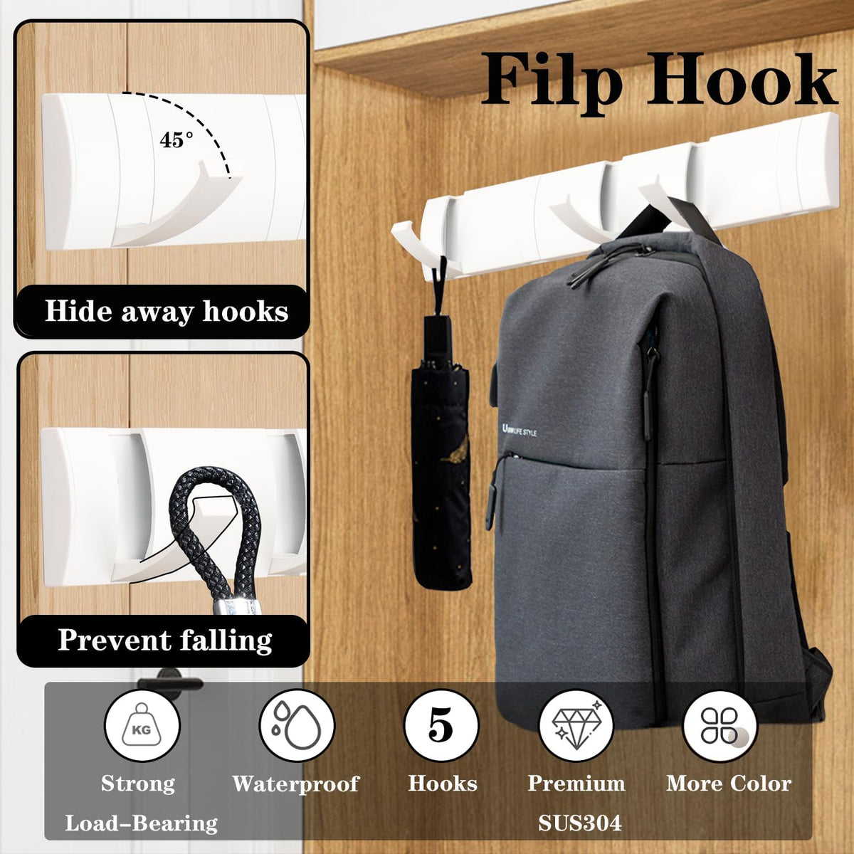 Folding Coat Hooks, Wall Mounted Coat Rack with 5 Retractable Hooks, Heavy Duty Towel Rack for