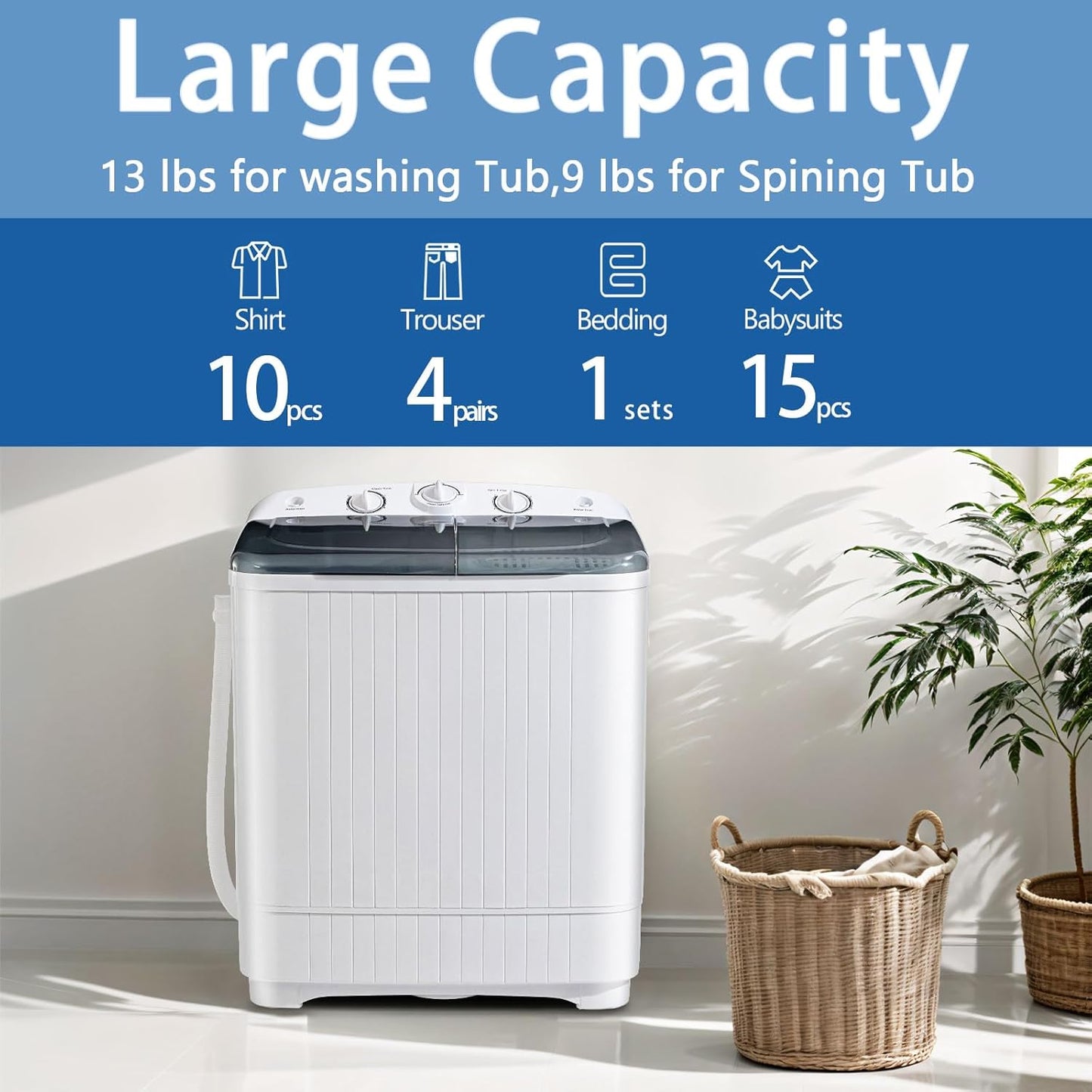 Portable Mini Twin Tub 22lbs Washing Machine With Drying Rack& 10 Hangers, 13lbs Washer & 9lbs