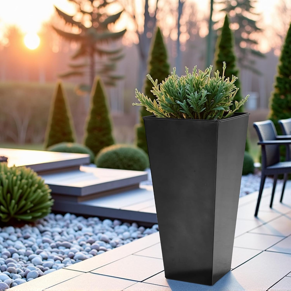 WORTH Garden 28" Large Metal Glazed Planter Set of 2, Luxurious Glossy Finish Black Tall Square