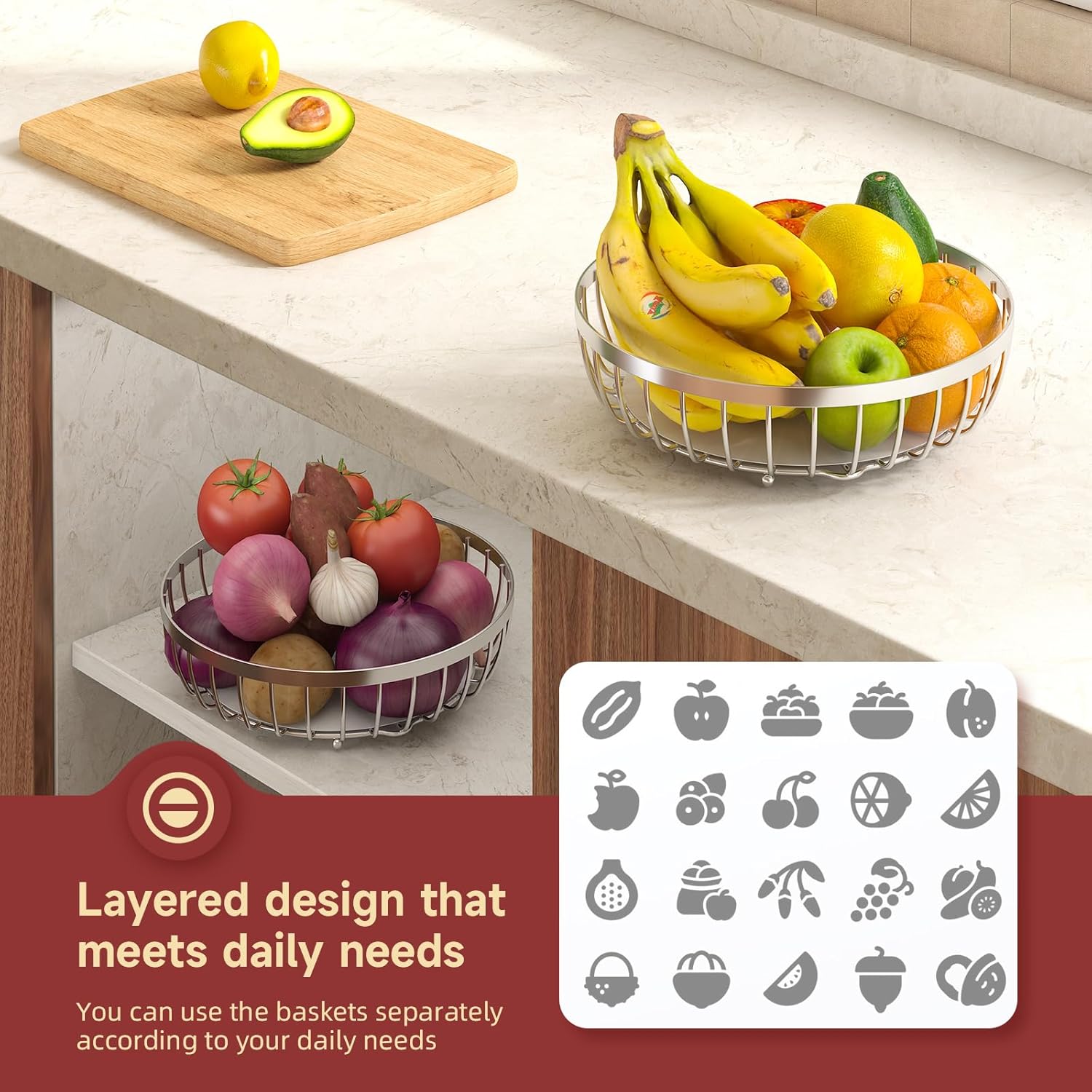 2 Tier Fruit Basket for Kitchen Counter with 2 Banana Hangers, Metal Stackable Fruit Bowl for