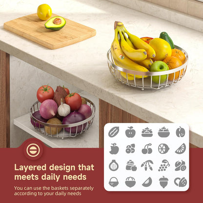 2 Tier Fruit Basket for Kitchen Counter with 2 Banana Hangers, Metal Stackable Fruit Bowl for