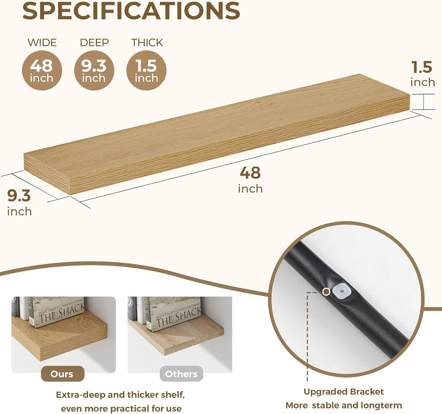 Dreamland 48 Inches Floating Shelves for Wall, 9.3" Deep Long Floating Shelves Set of 1, Large