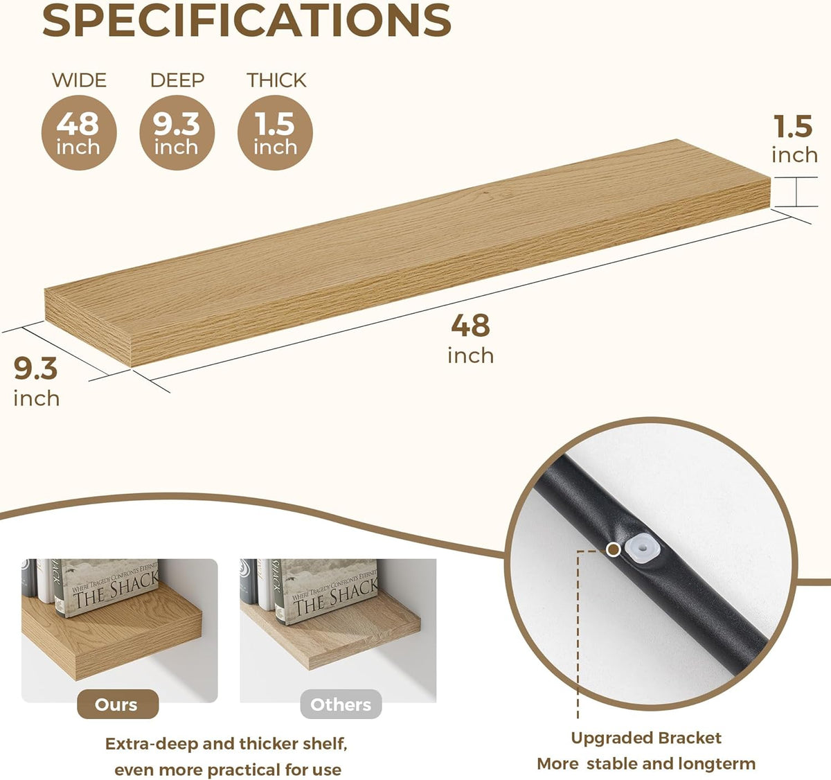 Dreamland 48 Inches Floating Shelves for Wall, 9.3" Deep Long Floating Shelves Set of 1, Large