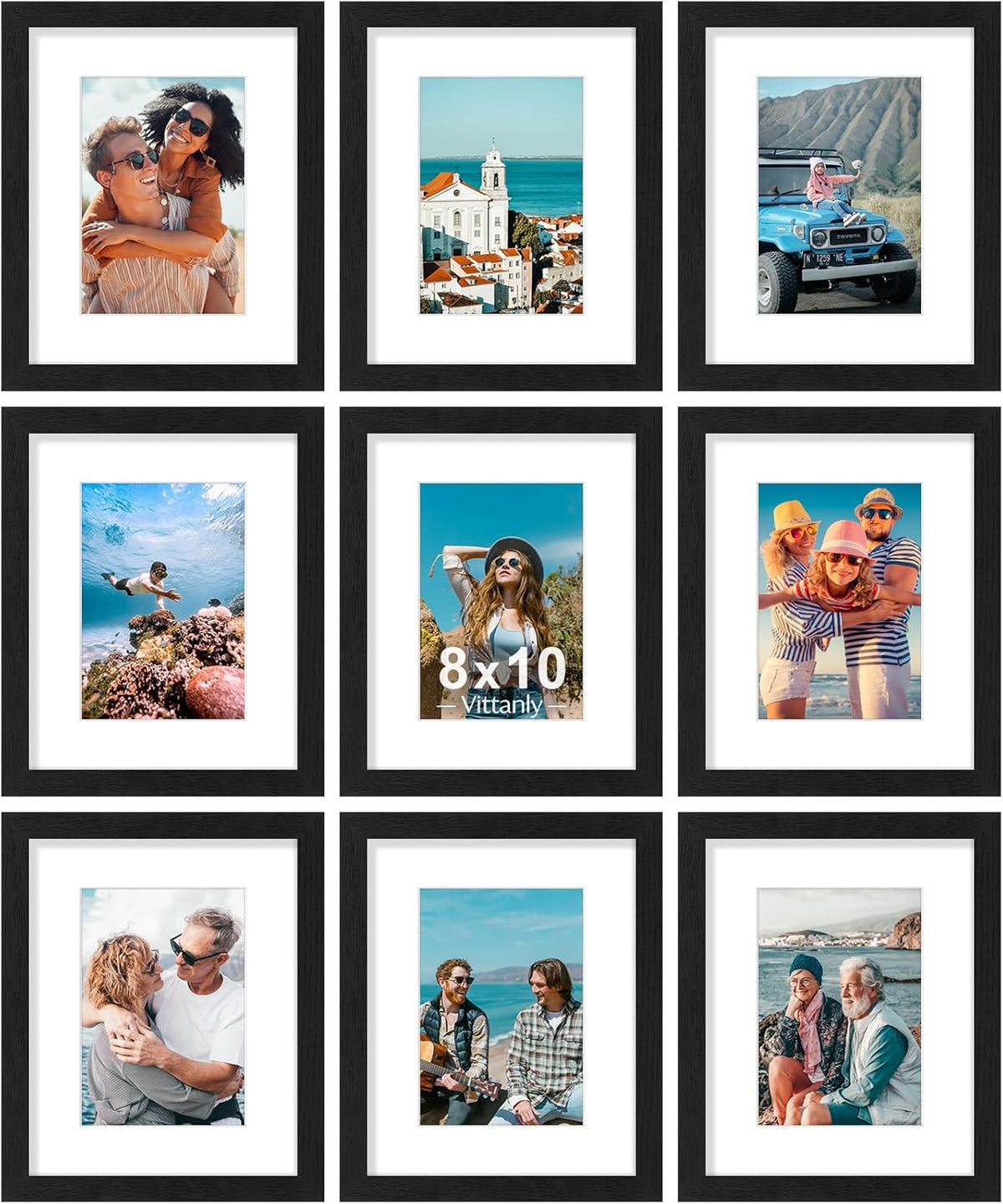 Vittanly 8x10 Picture Frames Set of 9, Shatter Resistant Plexiglass, Display 5x7 Pictures with Mat