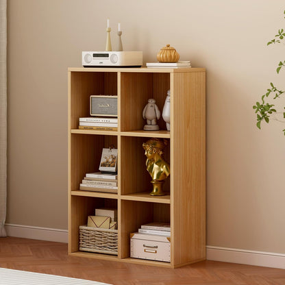 6-Cube Storage Shelf Bookcase - Wooden 3-Tier Floor Standing Open Bookshelf for Home and Office