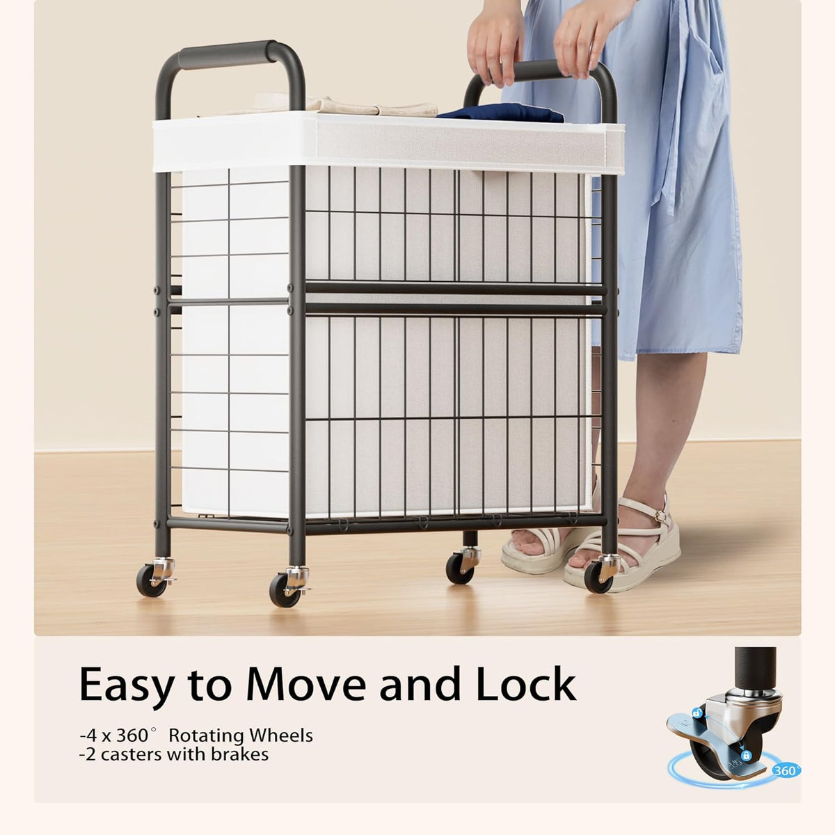 Laundry Hamper 2 Section, 110L Rolling Laundry Sorter Basket with Wheels, 2 Compartment Clothes