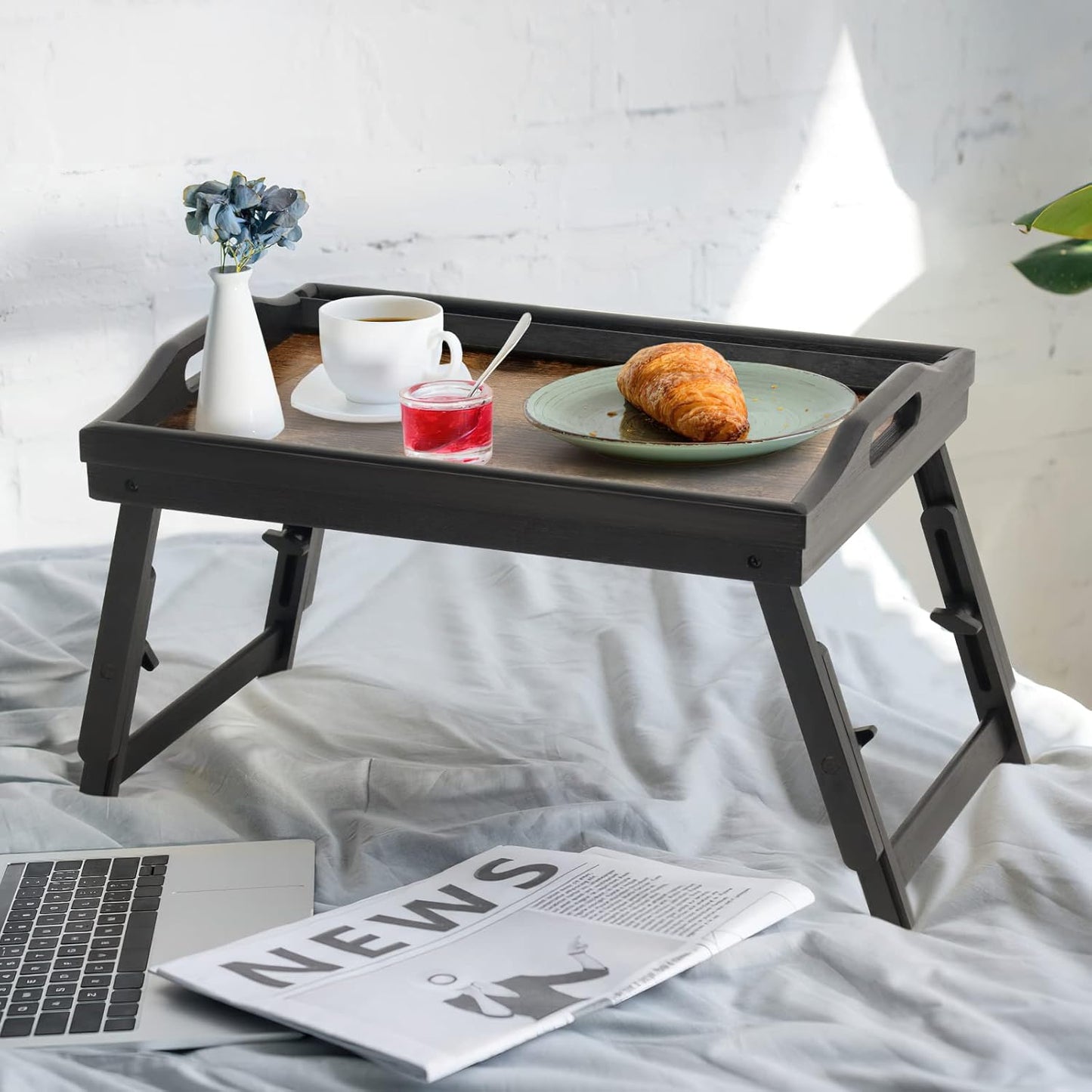 2 Pack Bed Tray Table Breakfast Trays Serving Tray Adjustable Height for Eating Bamboo Bed Laptap