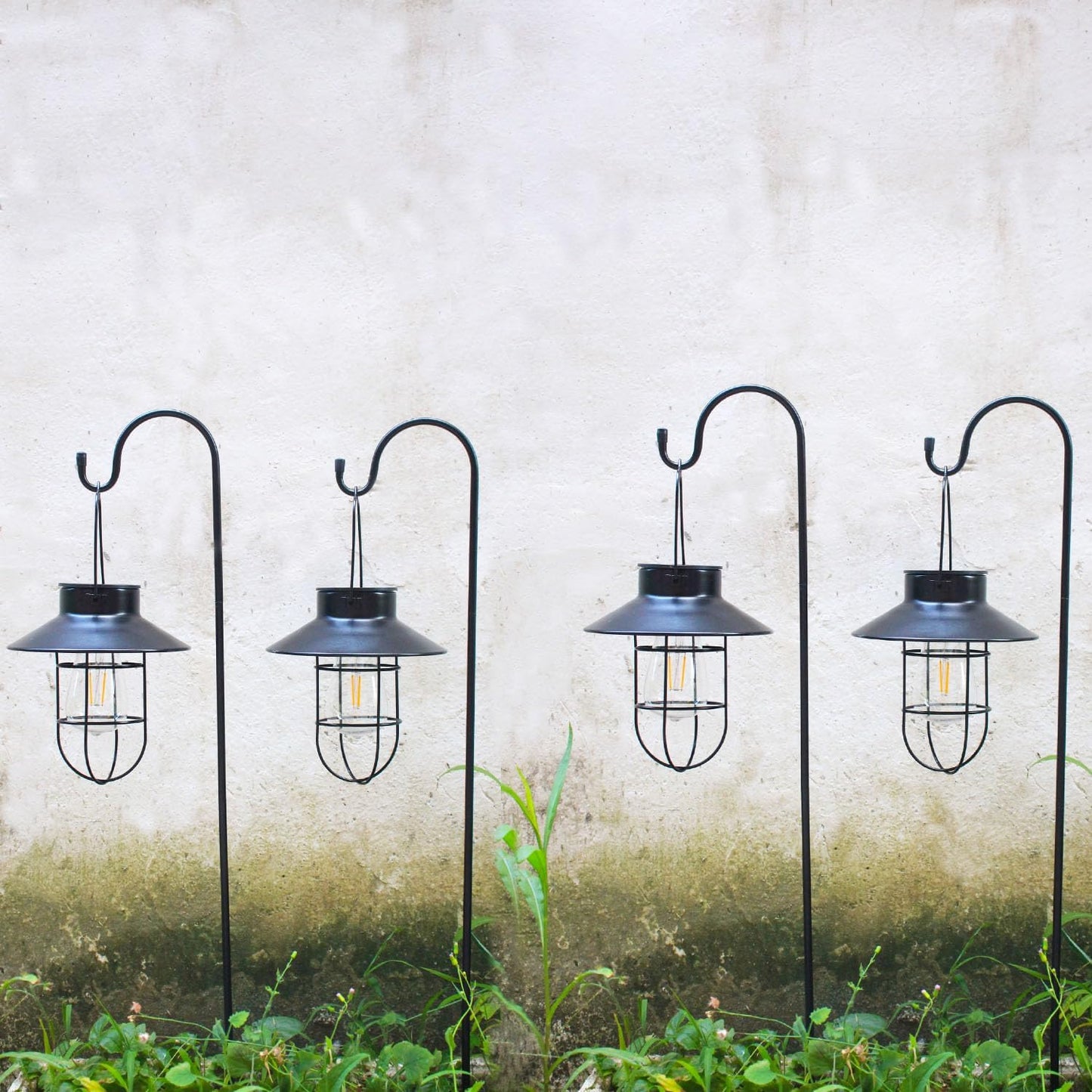 4 Pack Hanging Solar Lantern Lights with Shepherd Hook, Metal Waterproof Warm White Edison Bulb