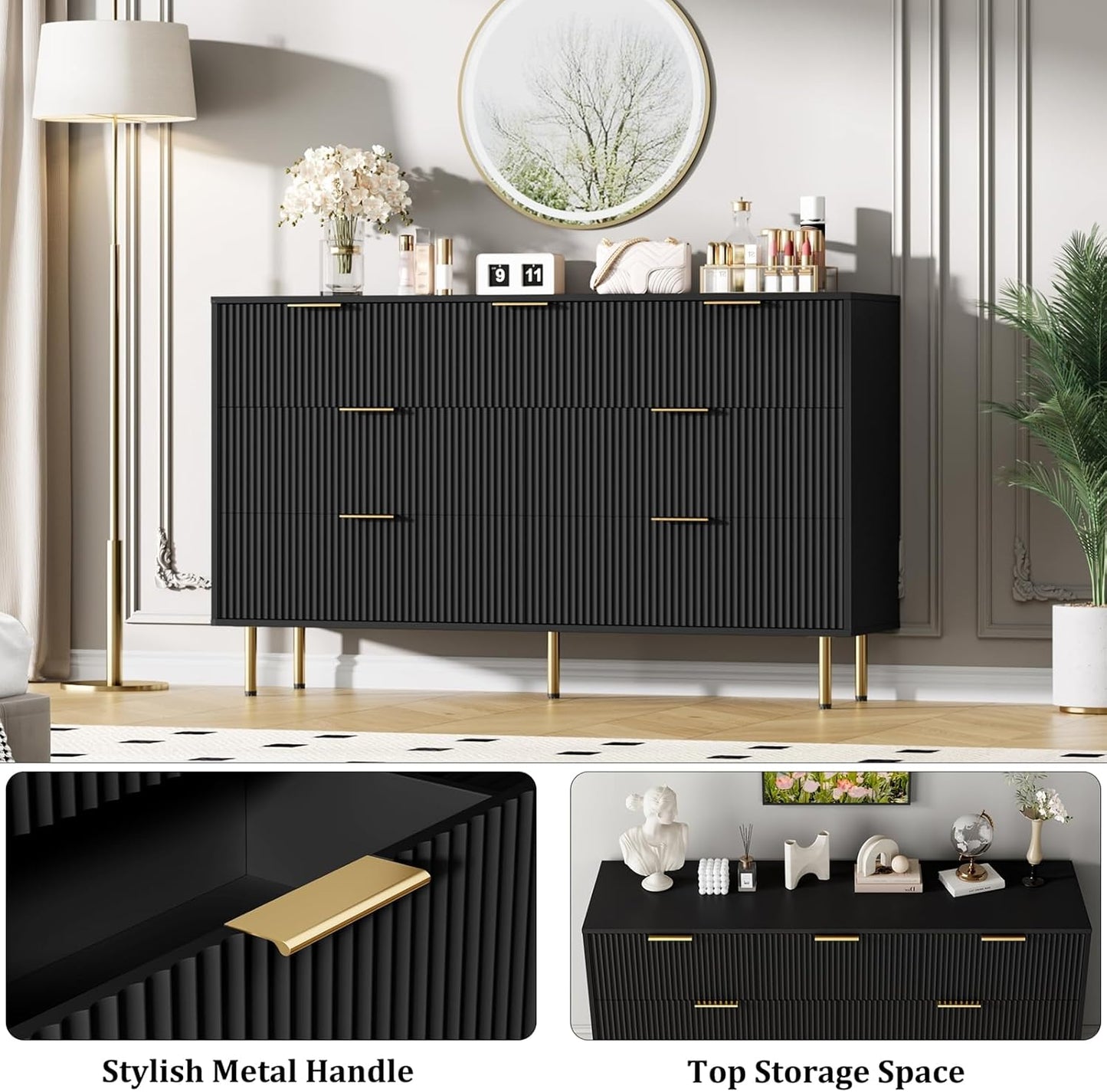 7 Drawers Dresser for Bedroom, Fluted Dresser Chest of Drawers with Gold Handle, Wood Modern