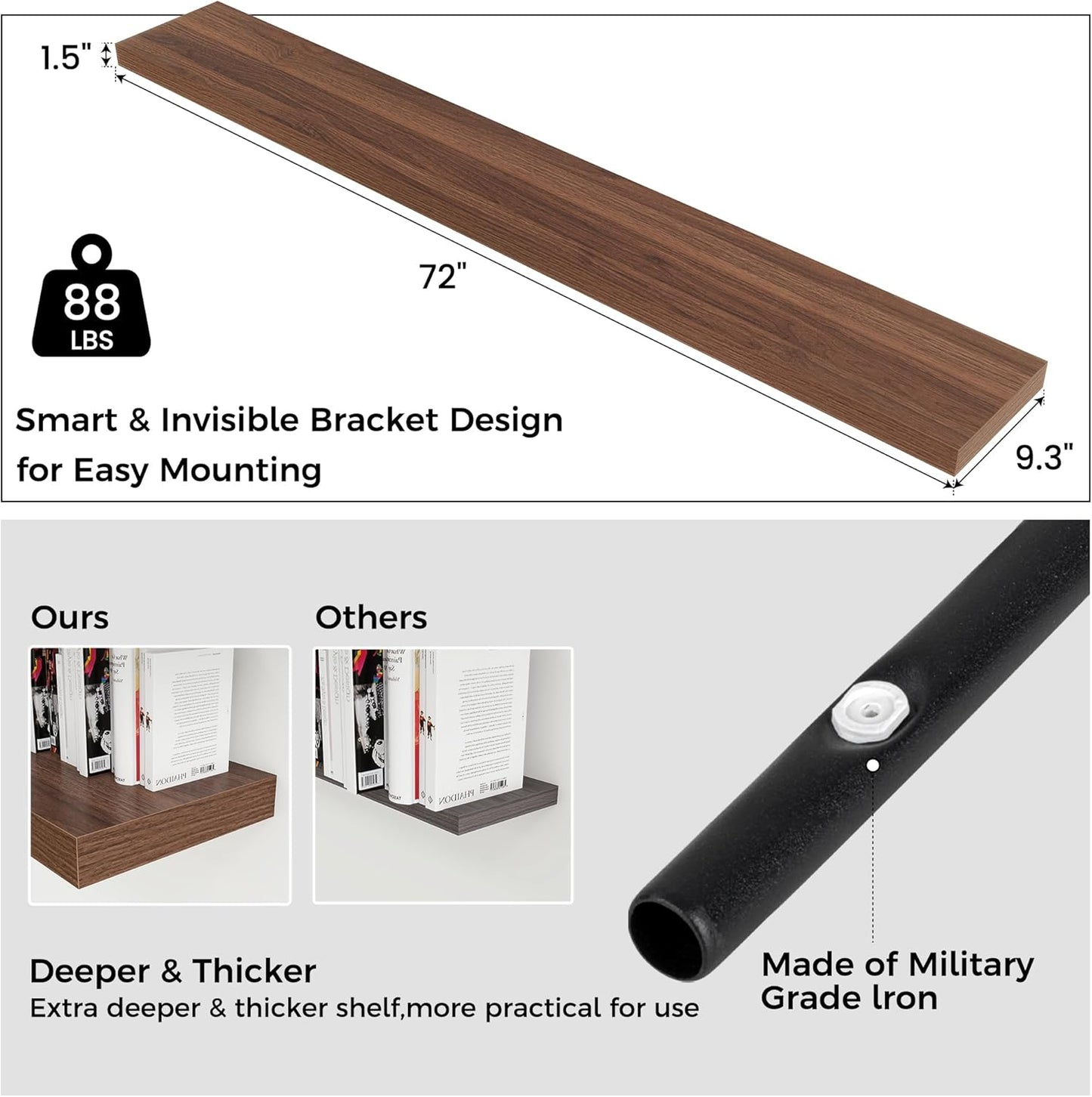 Floating Shelves for Wall, Large Wall Mounted Shelves with Invisible Brackets, Long Wood Floating