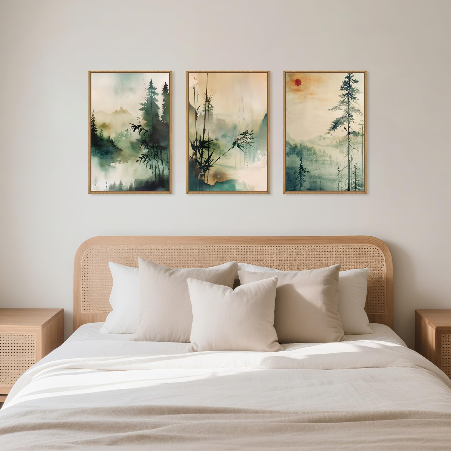 Chinoiserie Nature Framed Canvas Wall Art Set, Mountain and Forest Landscape Painting, Natural