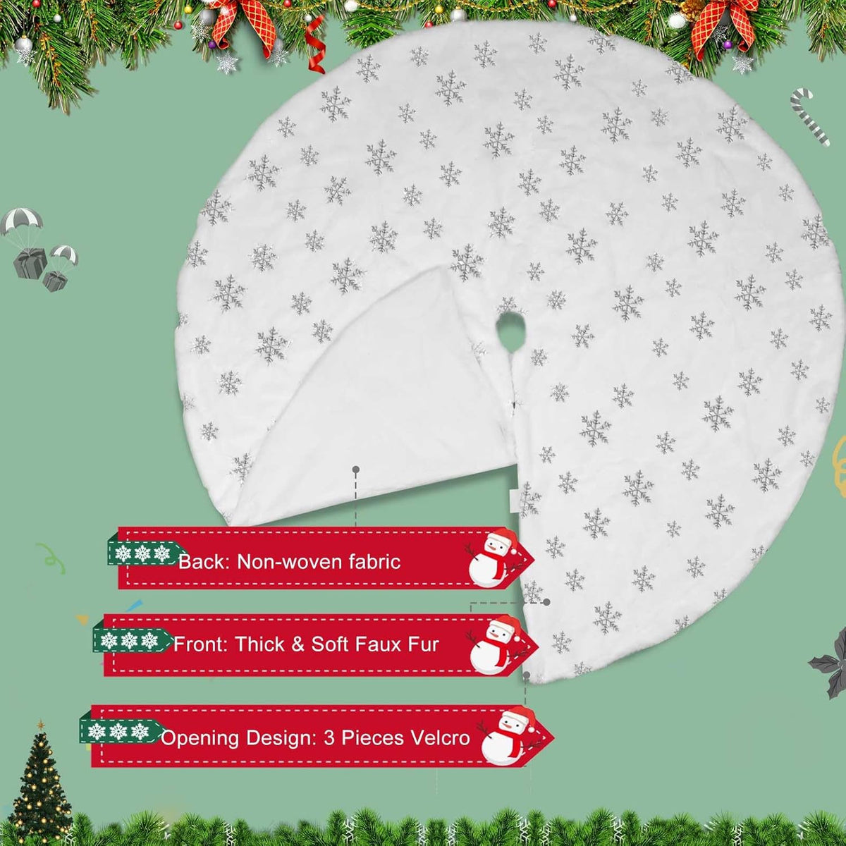 Christmas Tree Skirt, 48 Inch White Luxury Faux Fur & Silver Sequin Snowflakes, 4ft Xmas Tree Skirt