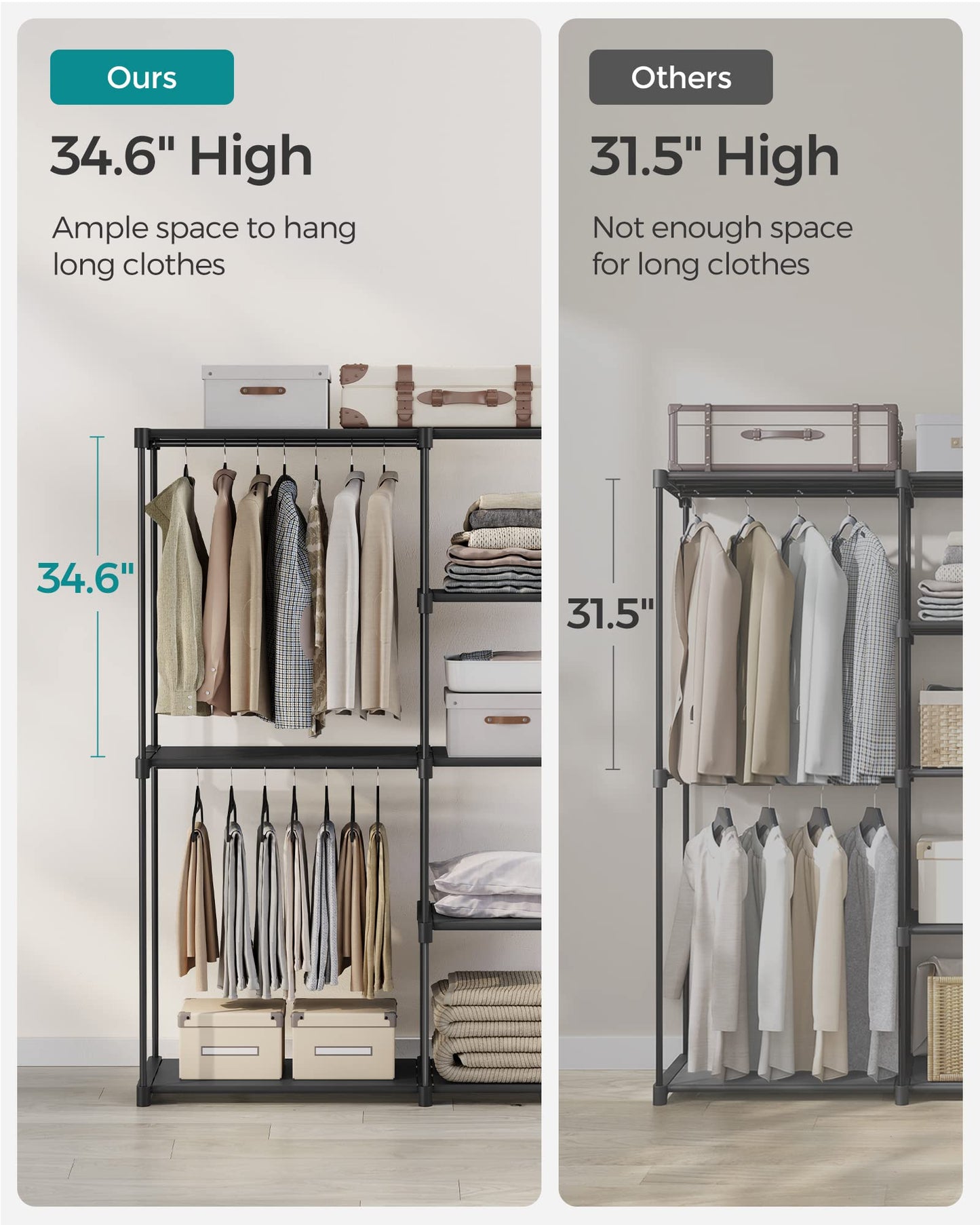 SONGMICS Portable Closet, Freestanding Closet Organizer, Clothes Rack with Shelves, Hanging Rods