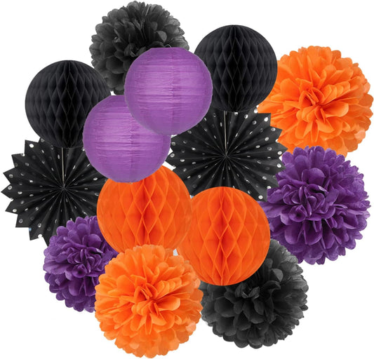 Black Orange Purple Halloween Party-Decorations - 14pcs Kits Paper Lanterns Fan,Tissue Flower Pom