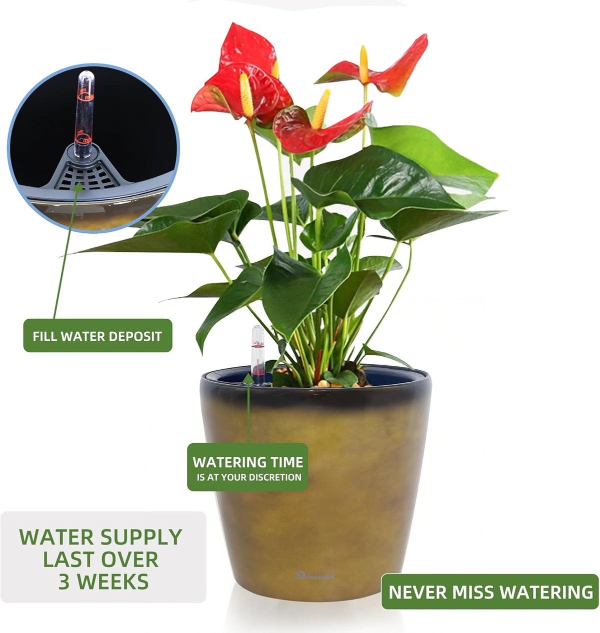 Dexceder 11x10 Inches Self Watering Planter Indoor Outdoor, Inner Pot Design, Thickened Table