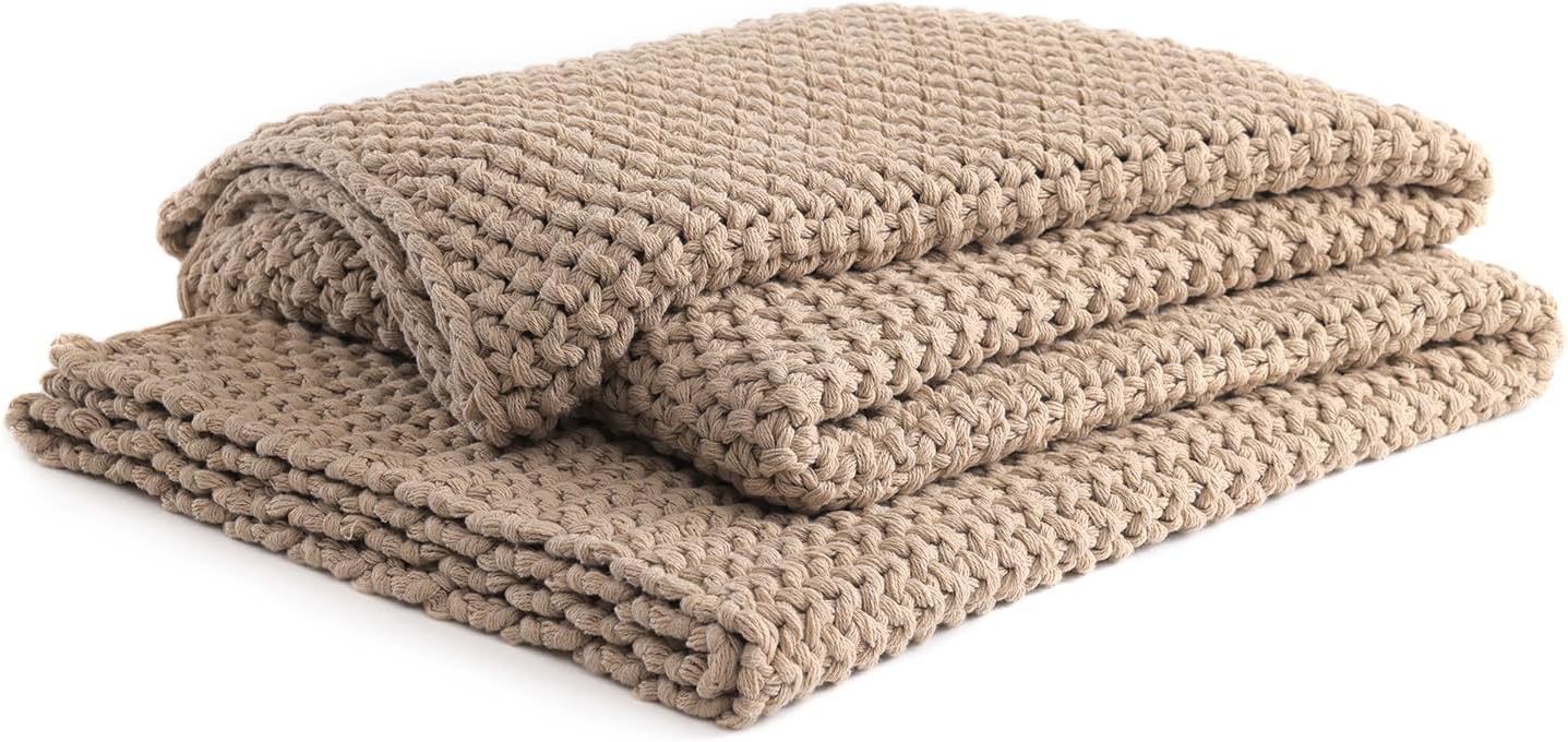 YnM Chunky Cotton Knit Throw Blanket, Cable Knit Throws for Bed Couch Sofa, Comfy & Relaxing