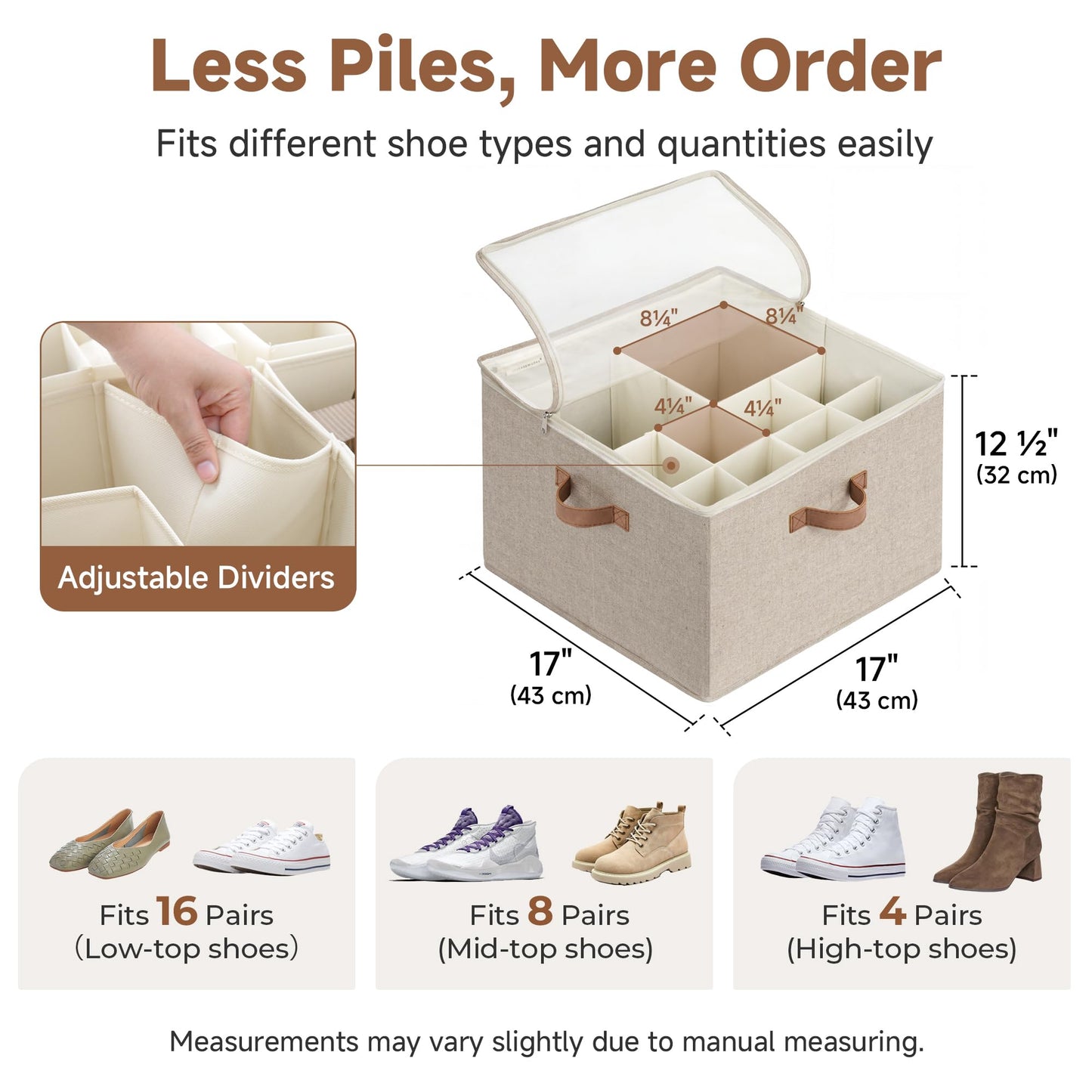 StorageWorks 16-Pair Closet Shoe Organizer with Adjustable Dividers, Taupe