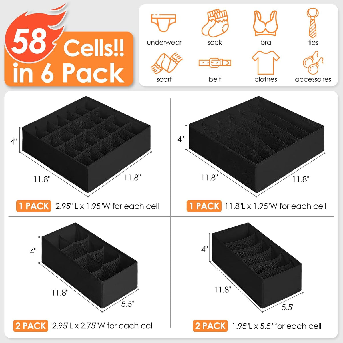 6 Pack Sock Underwear Drawer Organizer Dividers, 58 Cell Foldable Fabric Dresser Closet Organizers