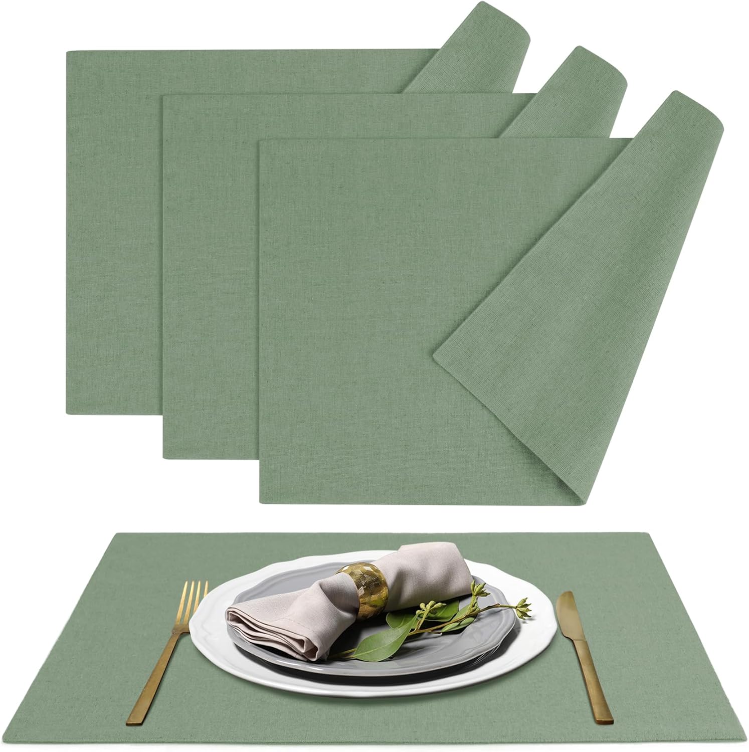 MANSPHIL Sage Green Cloth Placemats Set of 4, Washable Thick Faux Linen Place Mats Heat Resistant