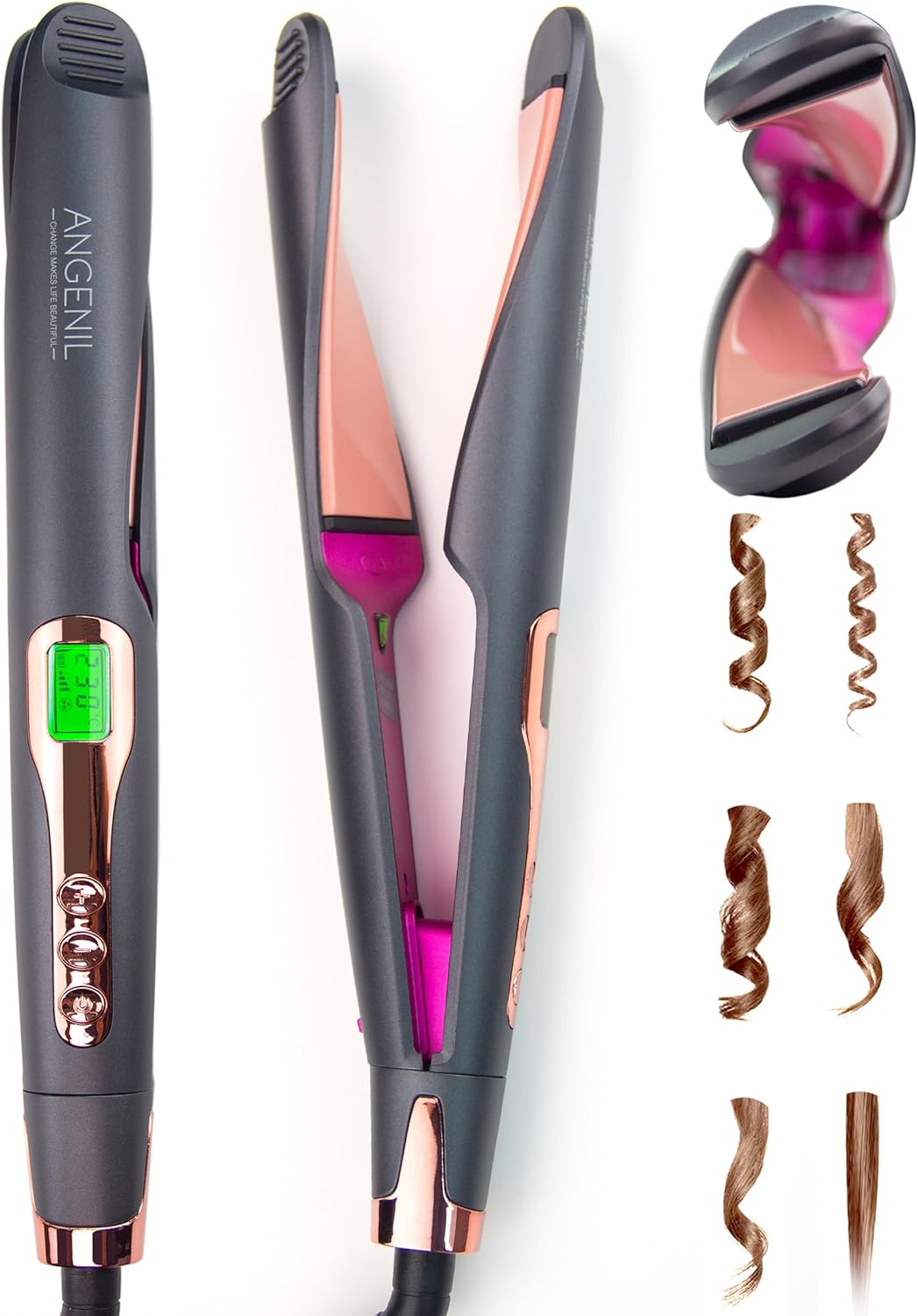ANGENIL Pro Twist Ceramic Flat Iron 1 Inch, Dual Voltage Hair Straightener and Curler 2 in 1