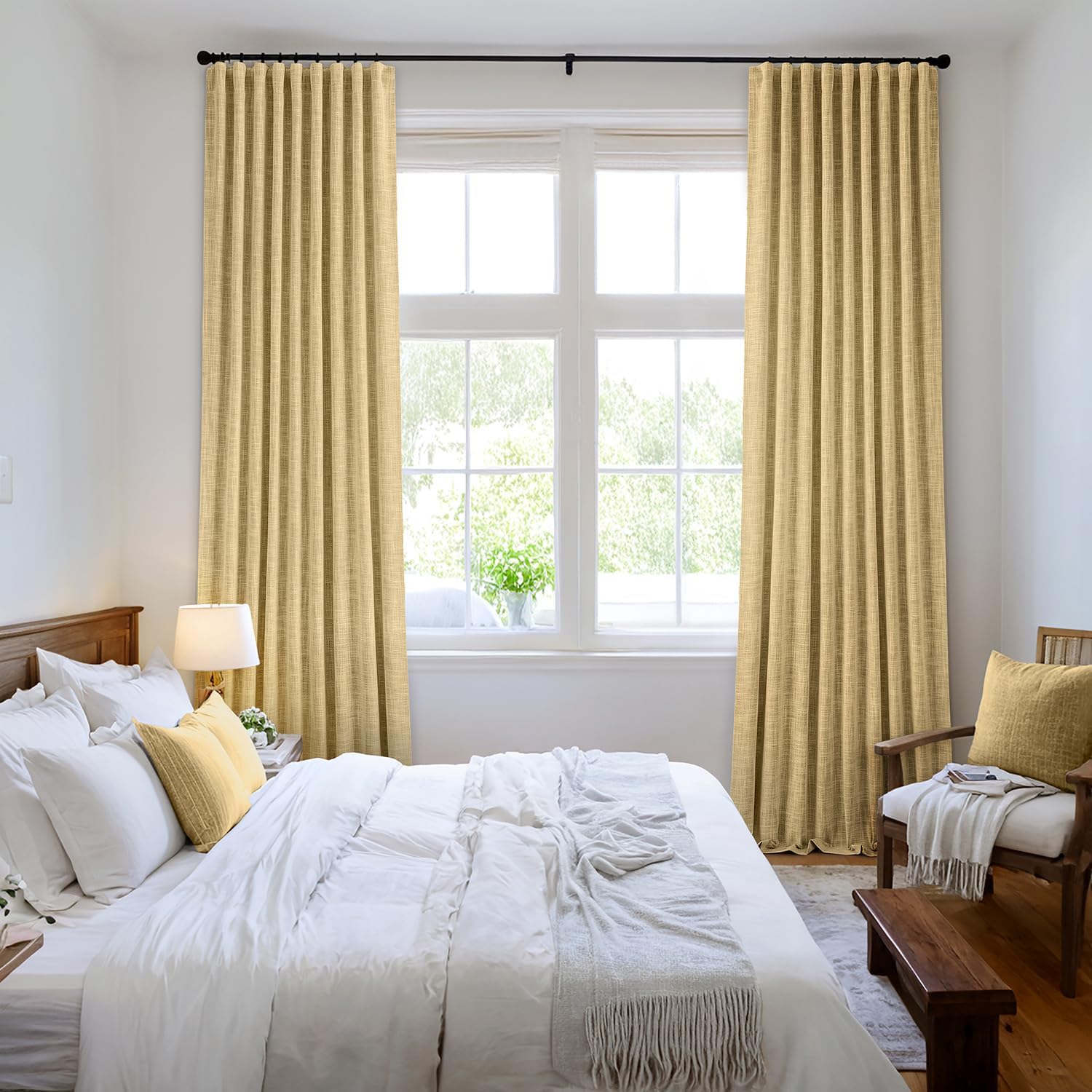 MIULEE Yellow 100% Blackout Linen Curtains 84 Inch 2 Panels Set Double Sided No Coating Pleated