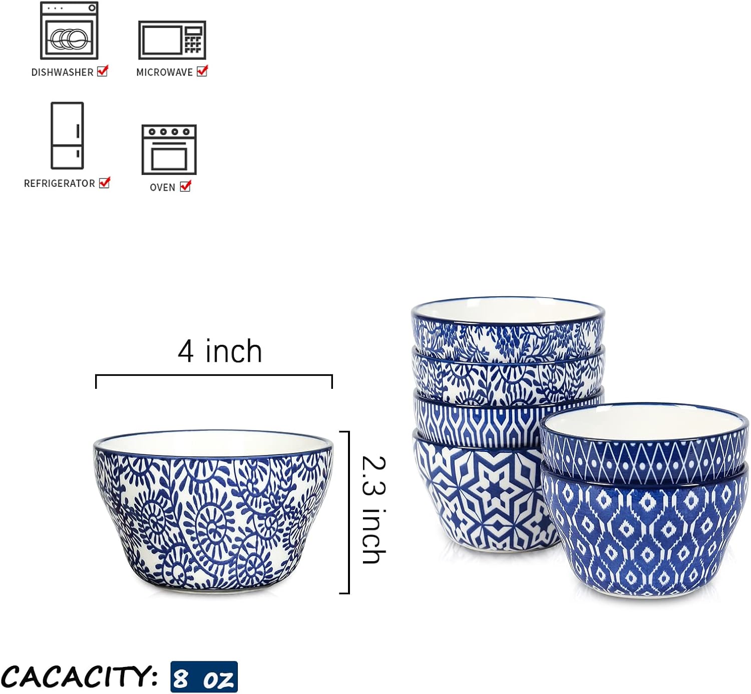Selamica Ceramic 8oz Bouillon Cups 4 Inch Small Bowls, Dessert bowls for Soup Dipping Sauce Coffee