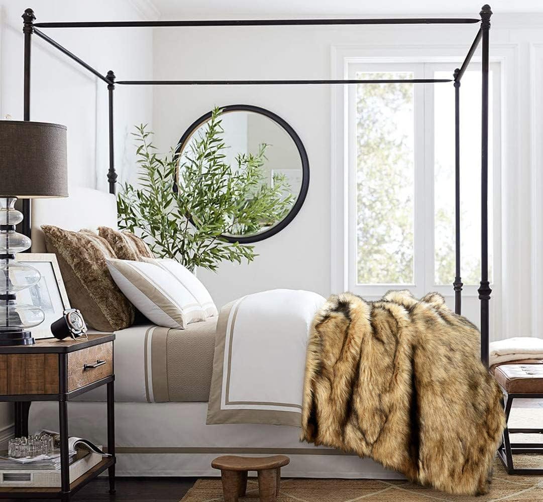 Luxury Plush Faux Fur Throw Blanket, Long Pile Golden Yellow with Black Tipped Blanket, Super Warm