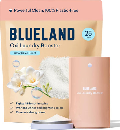 BLUELAND Oxi Laundry Booster Powder with Tin, Starter Set, Clear Skies Scent, 25 Loads, 17.6 oz