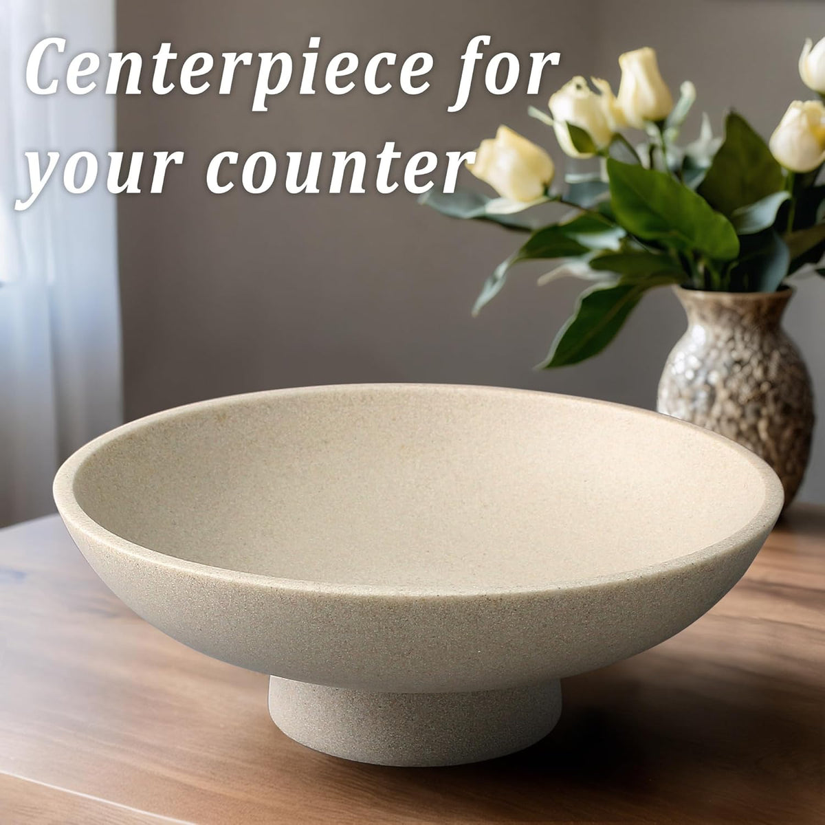 Modern Resin Pedestal Bowl – Large Fruit Bowl for Kitchen Counter, Catch All Tray for Entryway