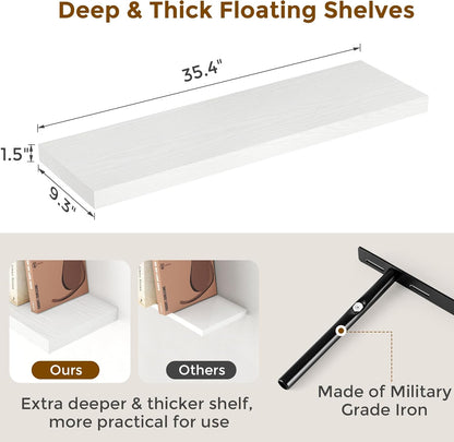 Fun Memories White Floating Shelves 36 Inch Long, 9 Inch Deep Wall Shelves Set of 2, 36 x 9