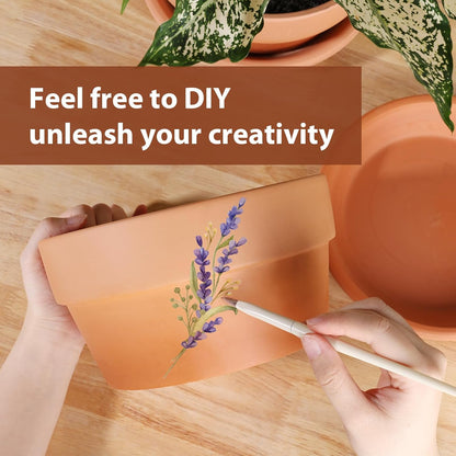 INGOFIN 8 Inch Terracotta Shallow Pots Set with Saucer - Ceramic Clay Pots with Drainage Hole
