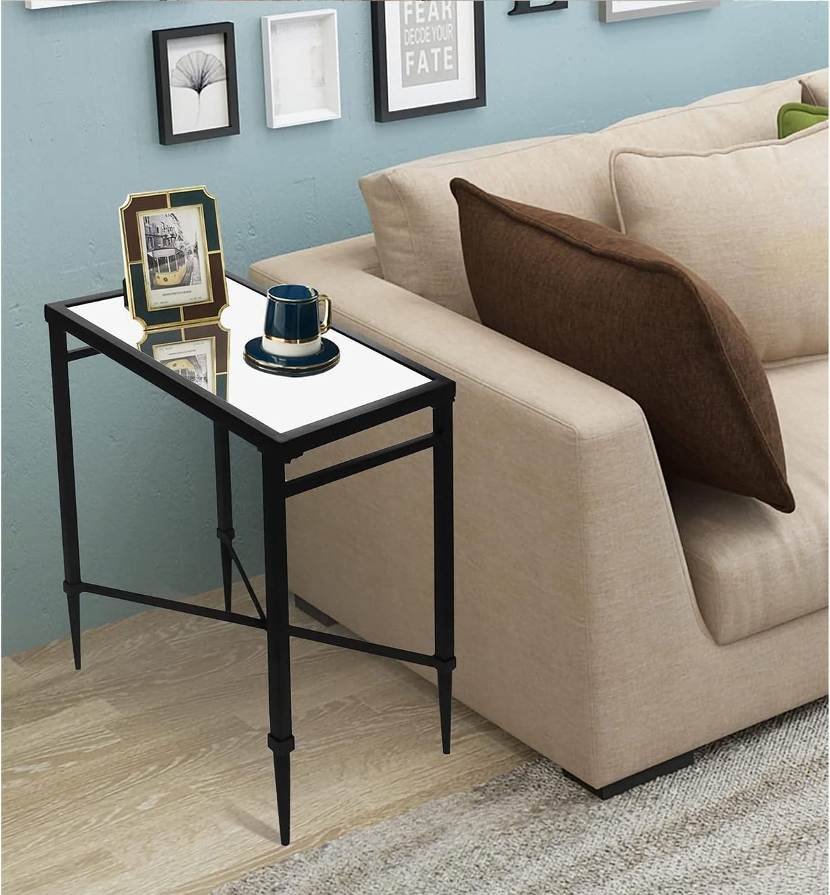 Black End Table, Rectangle Side Table with Mirrored Top, Modern Metal End Table, Small Narrow Side
