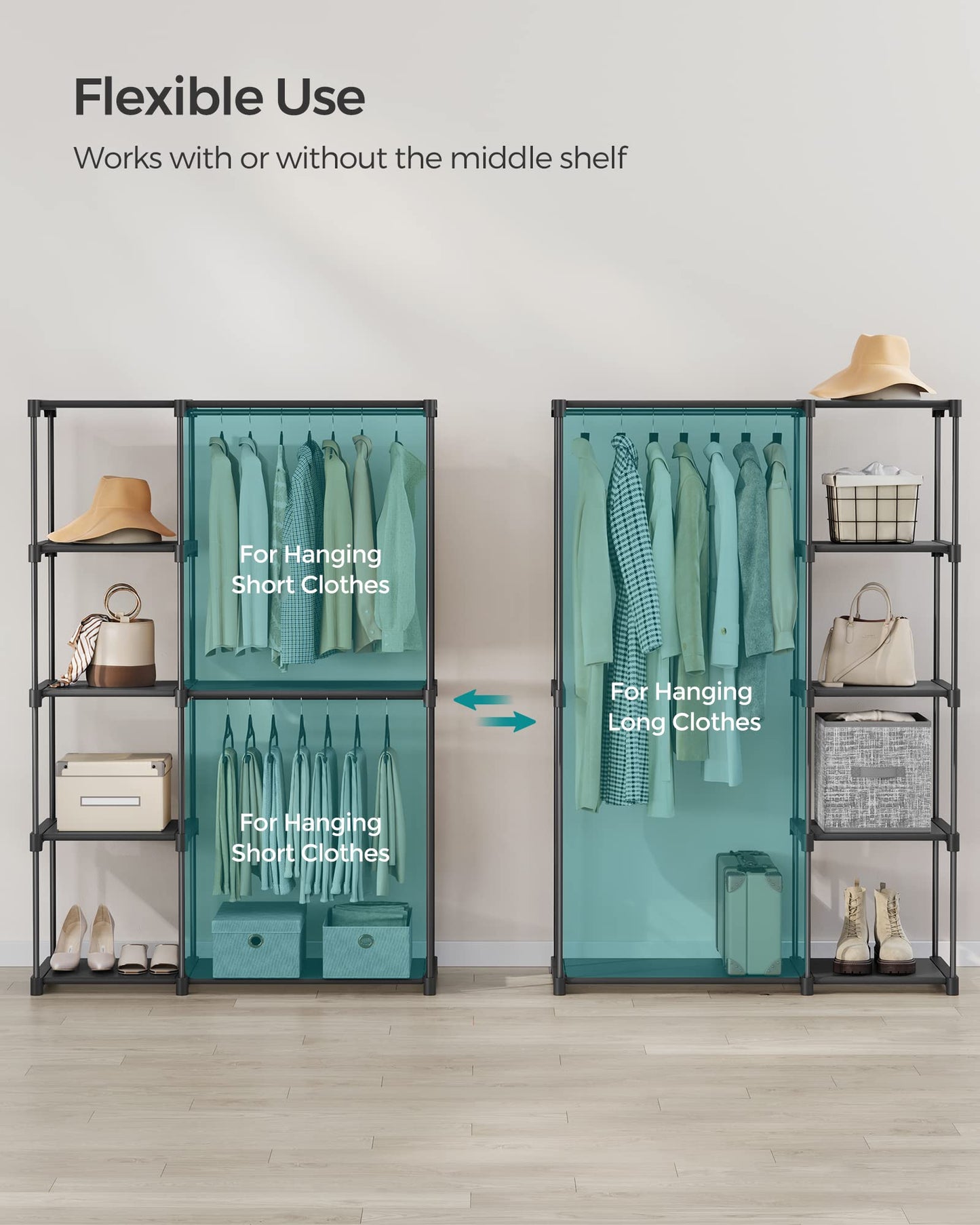 SONGMICS Portable Closet, Freestanding Closet Organizer, Clothes Rack with Shelves, Hanging Rods