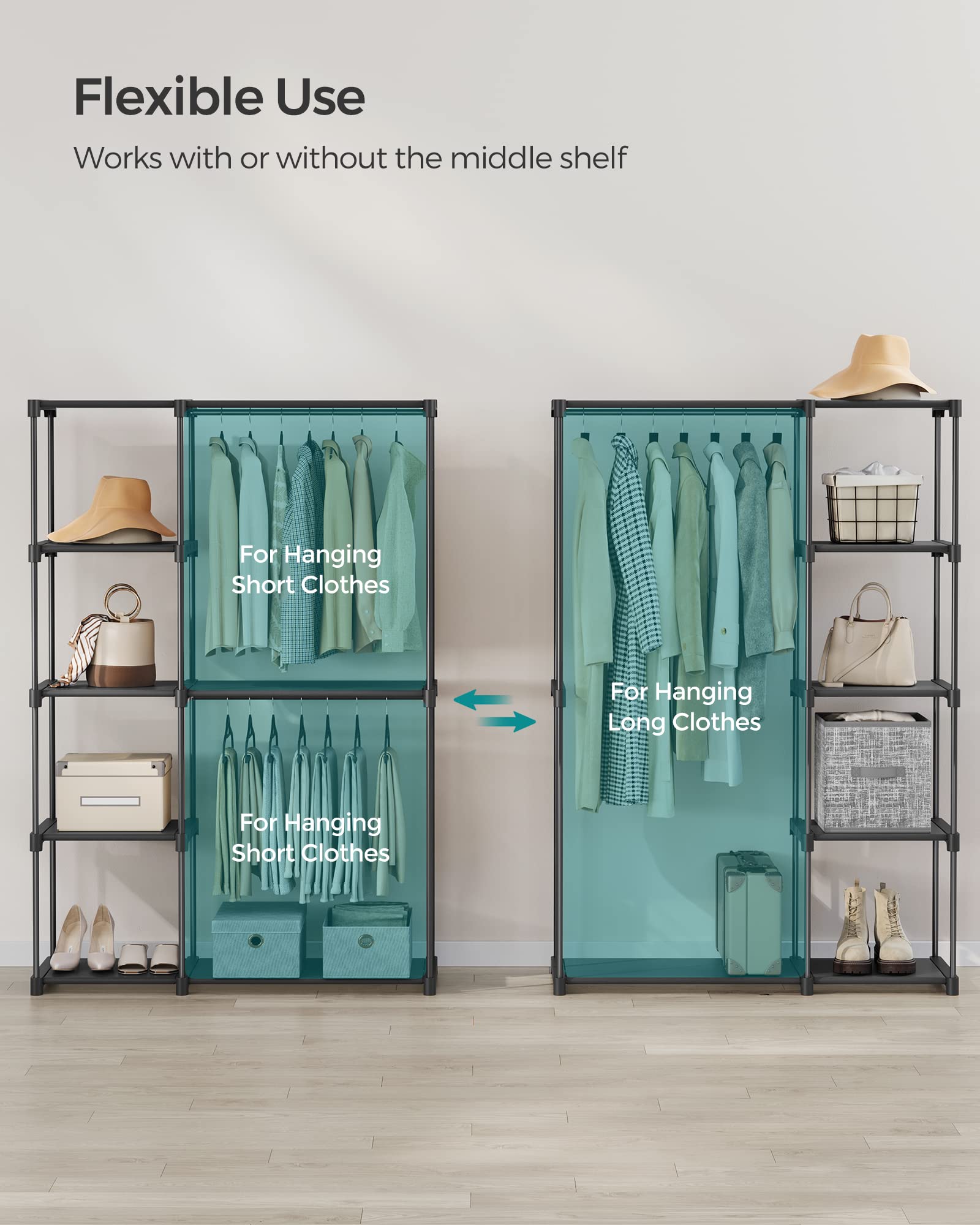SONGMICS Portable Closet, Freestanding Closet Organizer, Clothes Rack with Shelves, Hanging Rods