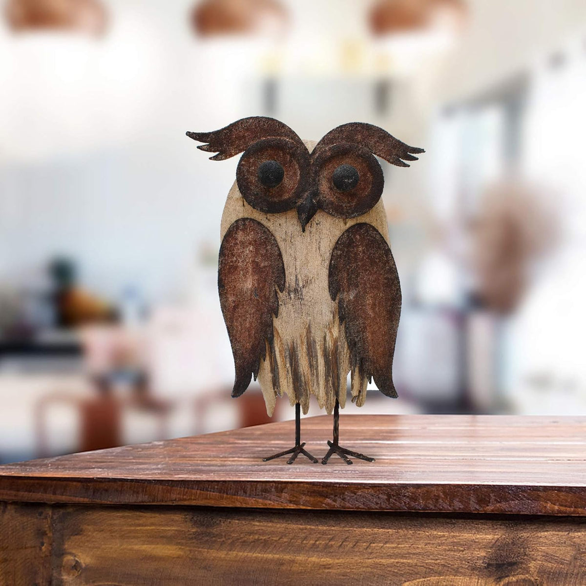 Rustic Owl Figurines Decor Animal Statue for Home - Wooden Stand Owl Sculptures Decorations for