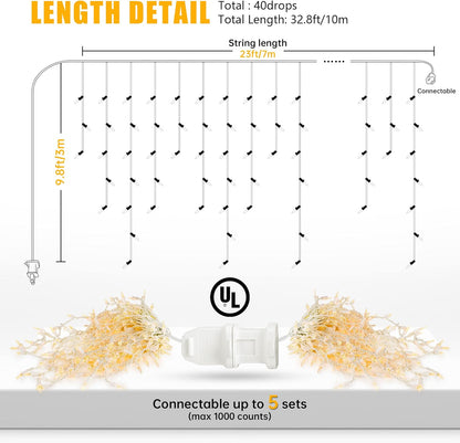 Icicle Lights Outdoor,Oopswow 23FT 200 Connectable Icicle Christmas Lights,Warm White Plug in
